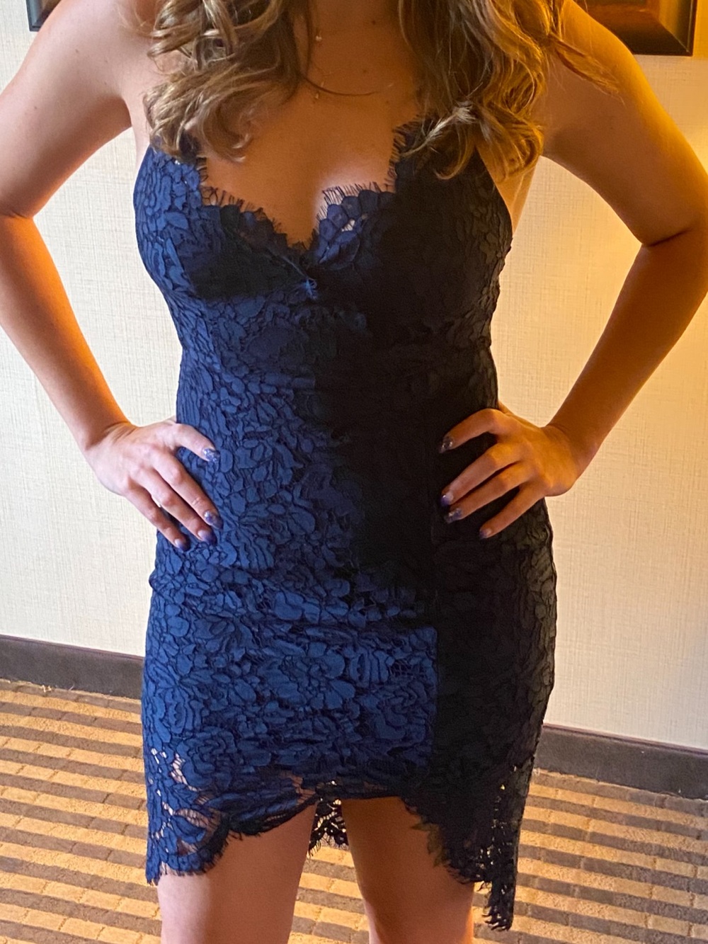 Lulu's Navy Lace Mini Dress with Scalloped Hem
